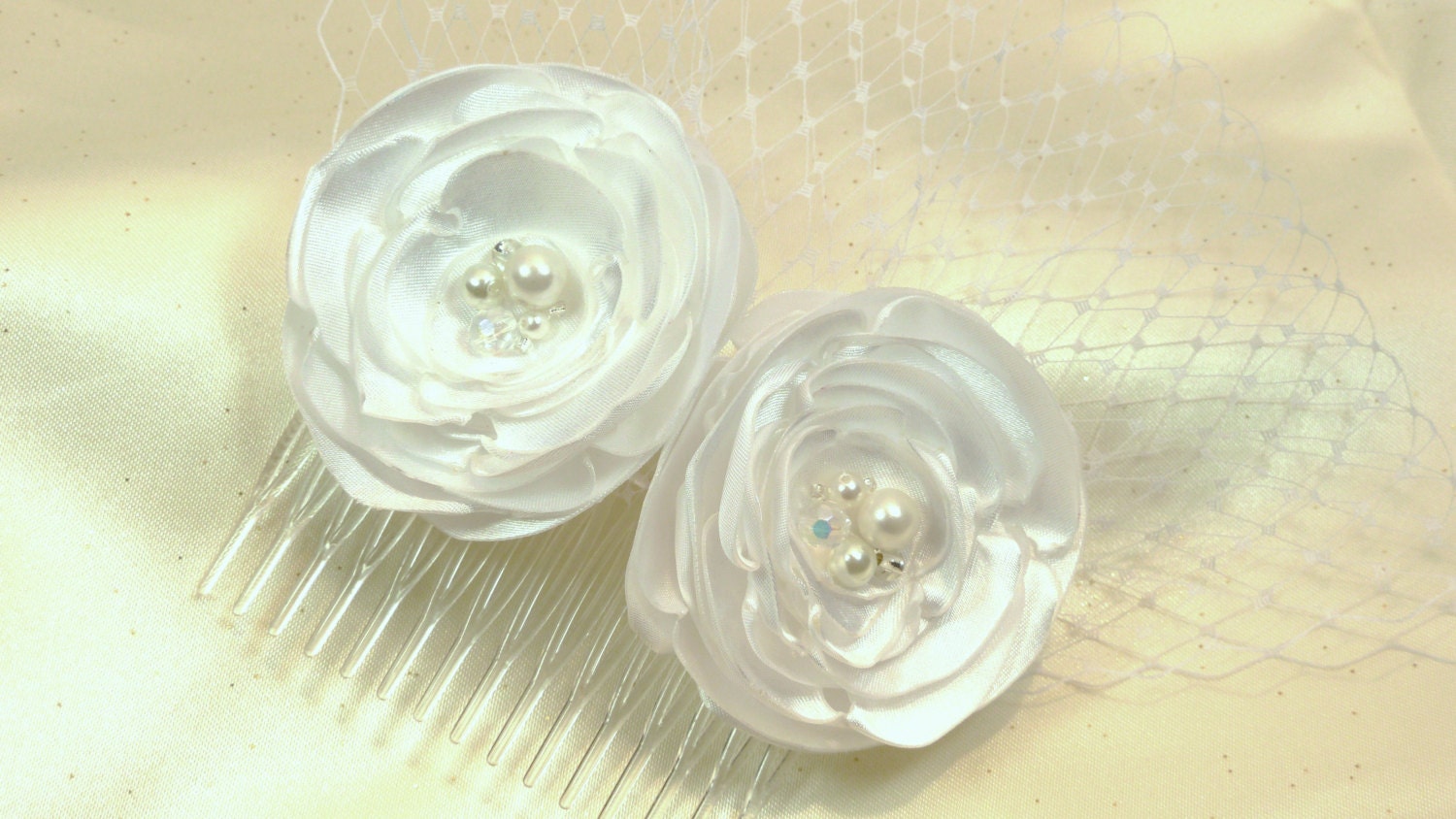 Bridal Hair Comb, Handmade White Satin Flowers with Pearl and Iridescent Beading, Birdcage, Russian Veiling, Also Available in Ivory