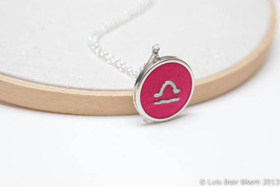Hand Embroidered Pendant Libra Necklace Customised Astrology Jewellery