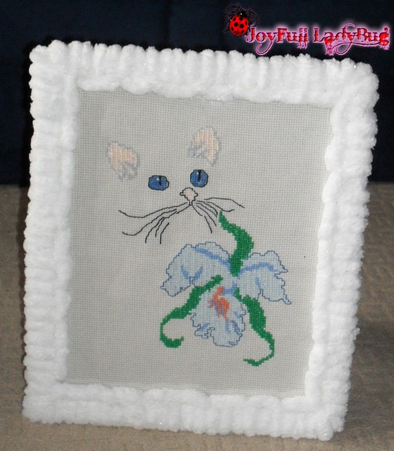 Framed, Counted Cross Stitch Picture Cat eyes with Blue Flower, fluffy, soft, gently