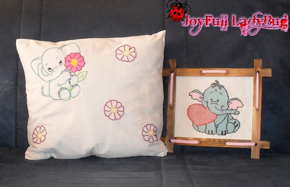 Pillow cover, cushion cover, cross stitch - embroidery, Framed - Counted Cross Stitch Picture, Elephant, heart, flower, cotton, lovely, love