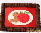 Finished, Counted Cross Stitch Picture, Teddy Bear with apple, soft, brown, wall decor, big picture, animal cross stitch. friends gifts
