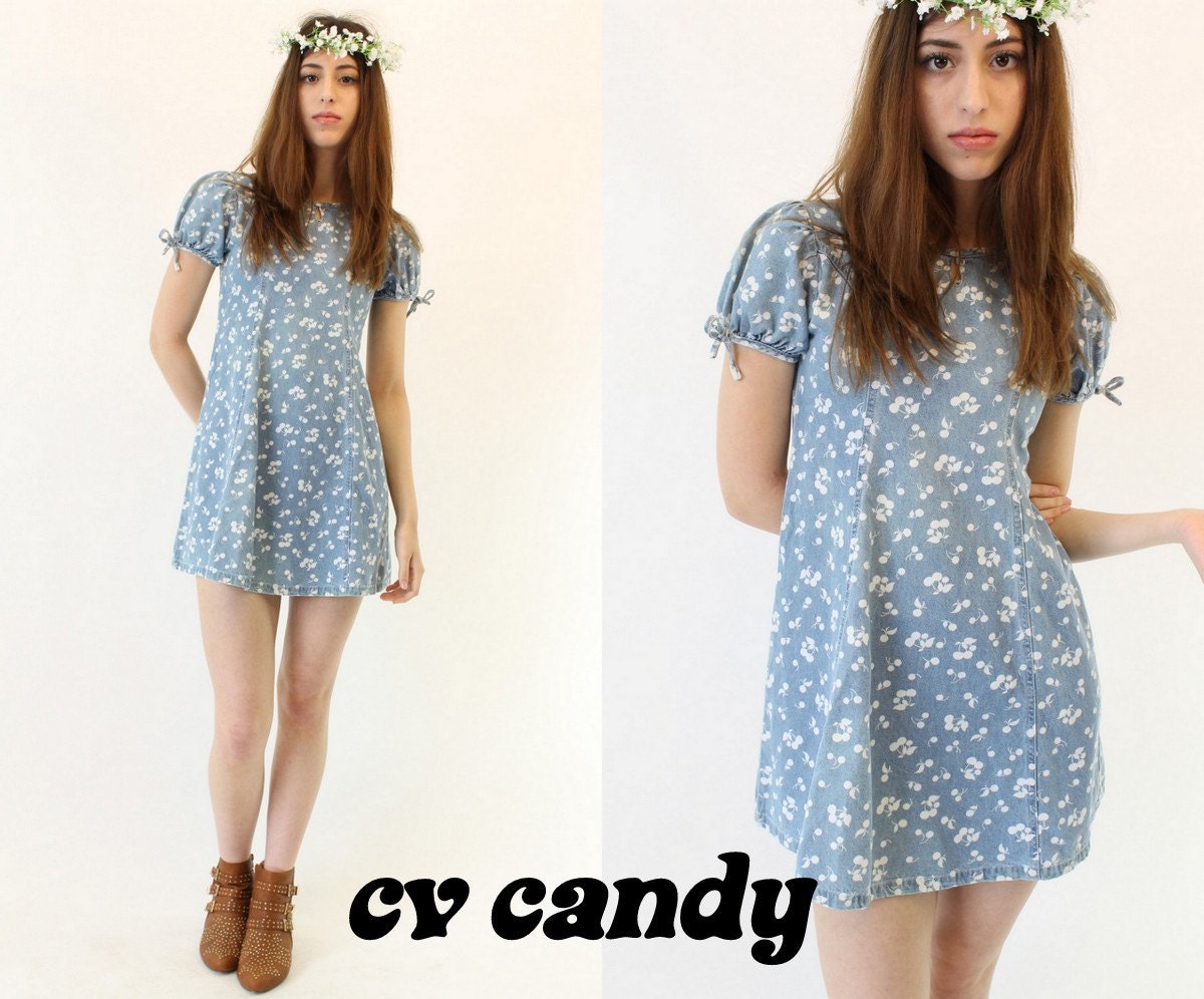 90s Vintage Dress / 1990s Mini Denim Cherry Dress / The Cherry Dress