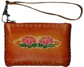 Beautiful & Unique Handmade Embossed Leather Rectangular Wristlet / Change Purse / Wallet w Colorful Flowers - LIGHT BROWN - Hand Sewn