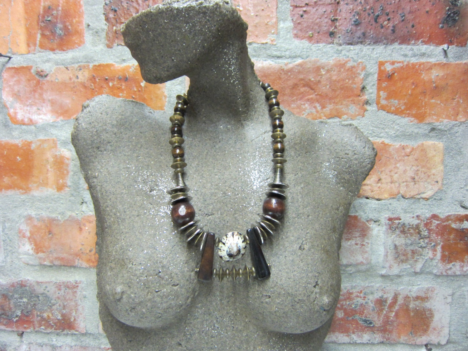 African Inspired Beaded Necklace using Wood Backed Shell, Bone Beads, Chunky, African Ethnic Tribal Beads