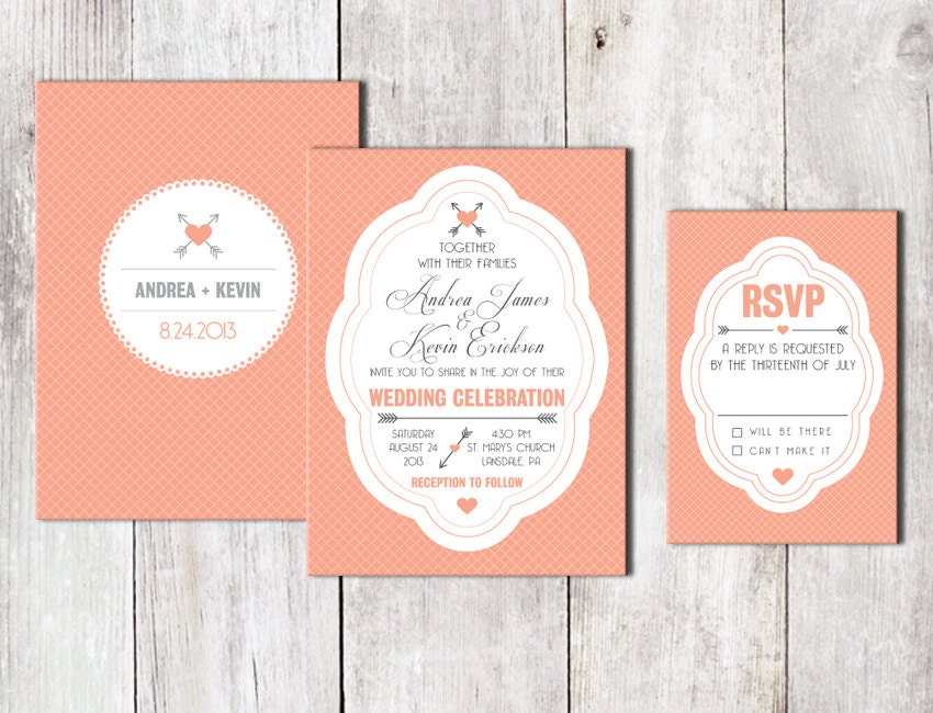Wedding Invitation & RSVP Card, DIY, Coral Hearts and Arrows Printable Digital File