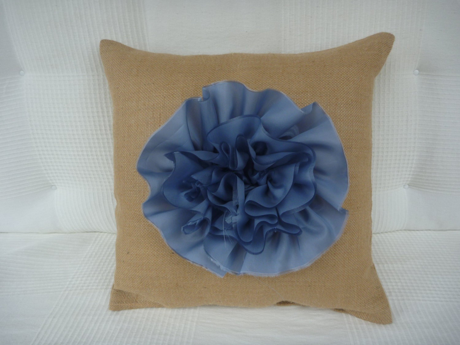 Hessian Flower Cushion Cover/Pillow Cover/Rose/Blue/Beach Shack/Shabby Chic/Decorative Blue Flower/ Rustic/Cottage/Country/Handmade