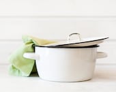 Vintage Enamelware White Pot with a lid and a Black rim - Farmhouse Rustic style - Classic, Shabby Chic - Kitchen Serving and Home Decor - JaffaFindings