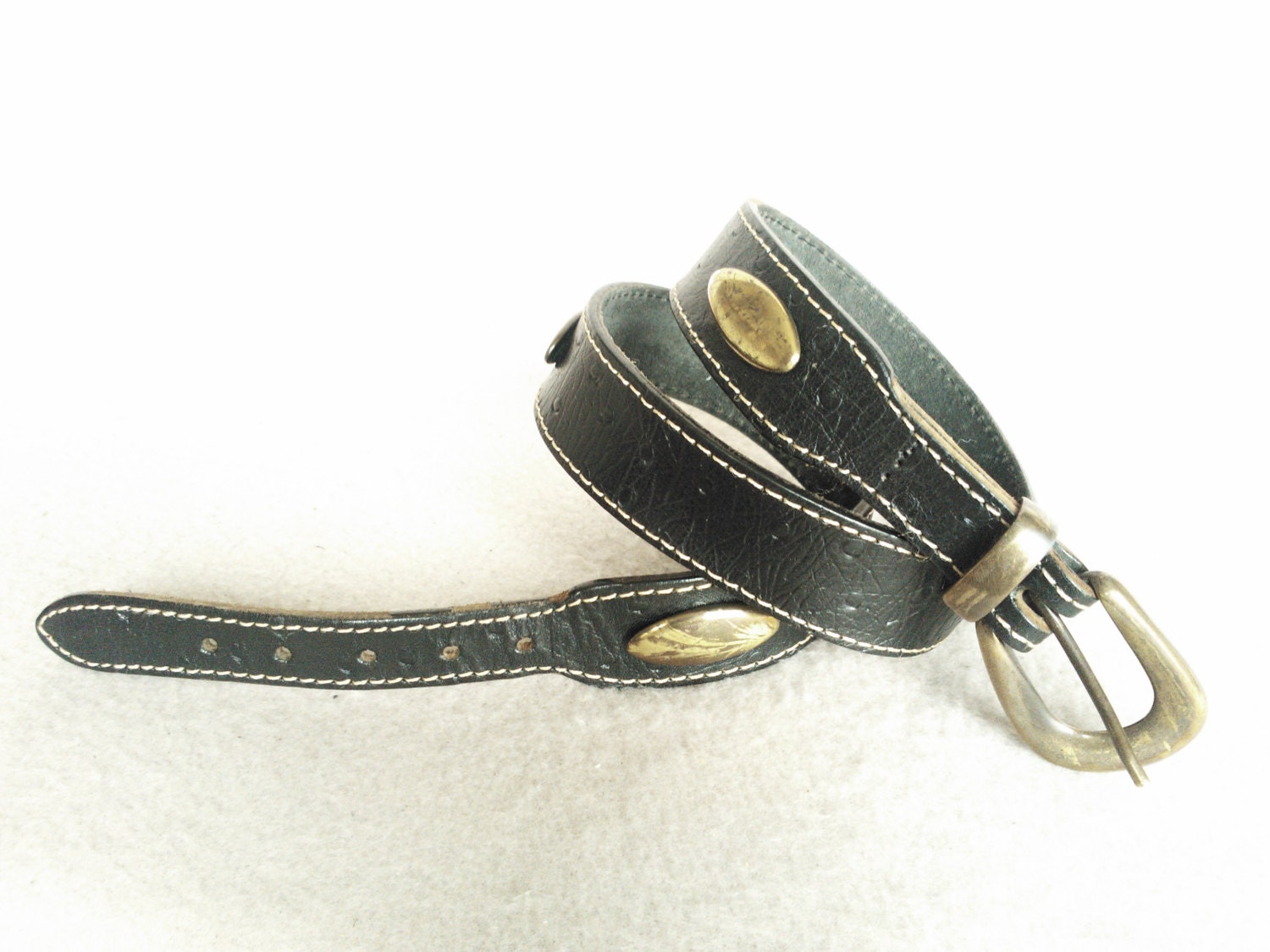 Vintage French Lady's Black Leather Belt With Large Brass Tone Studs