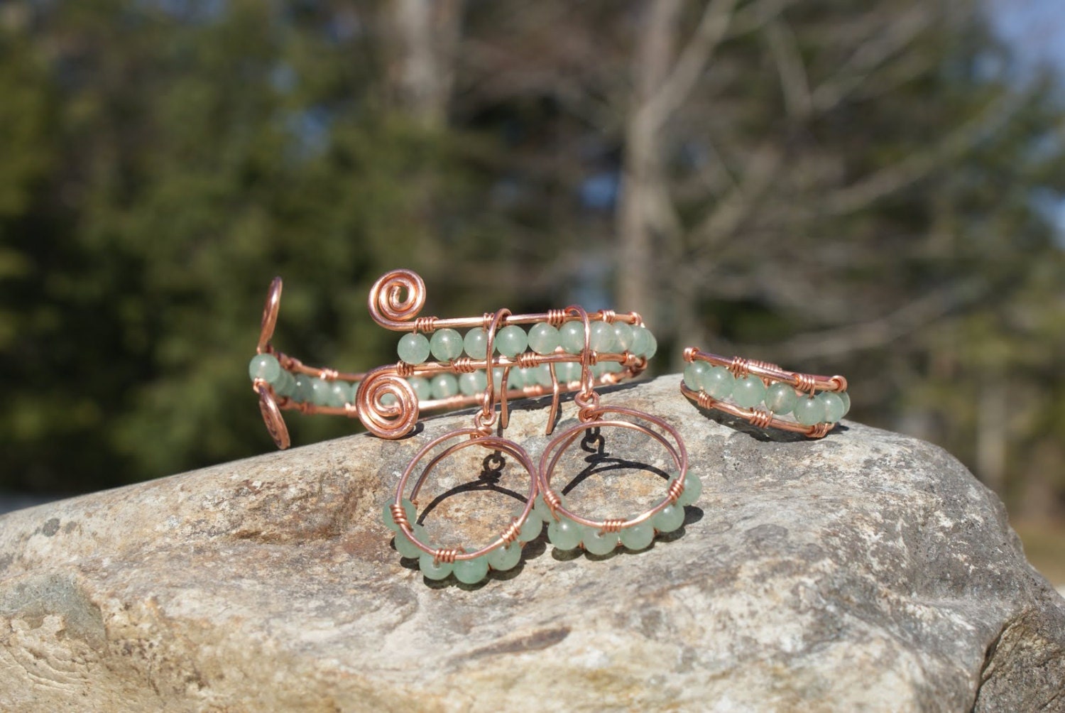 Prosperity - Aventurine gemstone wire wrapped hoop earrings, bracelet and ring,wire wrapped jewelry handmade