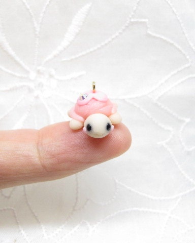 Petit Cute Lucky Turtle Charm Netsuke Fimo Polymer Clay Kawaii Animal Chibi Kame Pet Pink Heart One of a Kind One-off