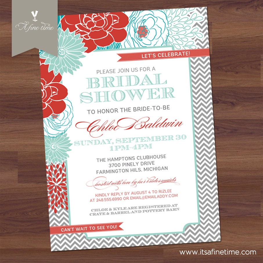 Bridal Shower Invitation - Modern Chevron Floral - Vintage Typography - Aqua, Blue, Red, teal (DIY Digital Printable)