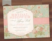 Bridal Shower Invitation - Vintage Floral & Typography - Rose, Hydrangea, Peonies, Antique, Retro, Elegant (DIY Digital Printable)