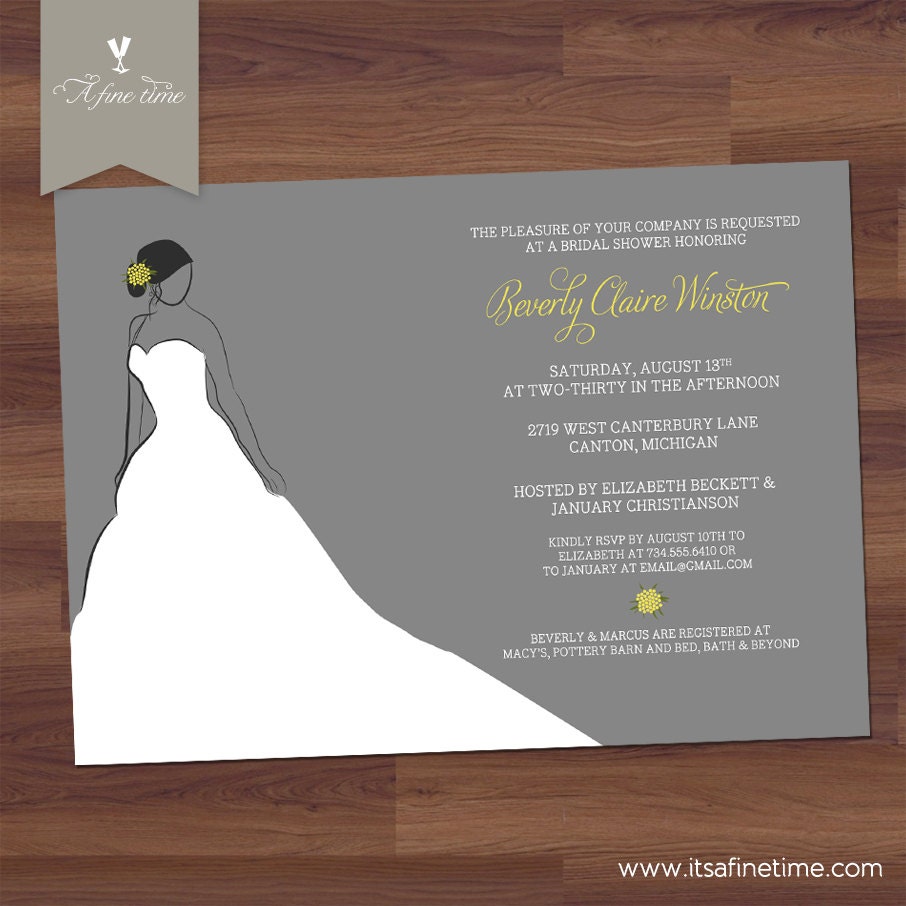 Bridal Shower Invitation - Gown & Bloom - Wedding Shower, Bride and Dress, Flowers, Elegant - Yellow and Grey (DIY Digital Printable)