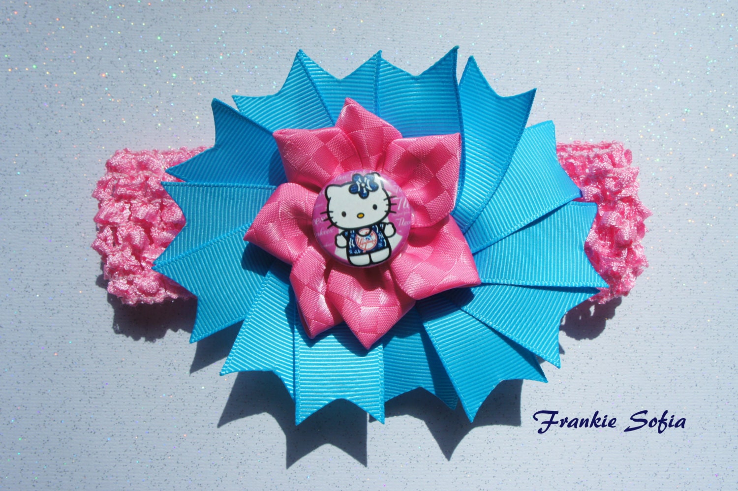 HELLO Kitty NY Yankees Pink & Mystic Blue Themed Baby Headband/ Girls Hair Bow Clip
