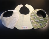 3 Pack Green and White Baby Bib Set - 2 Bandana/Kerchief Style and 1 Traditional Style - Polka Dot, Stripe and Owl Patterns