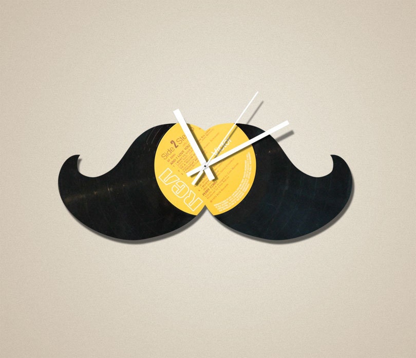 Handmade Recycled Retro Record Clock - Moustache Big