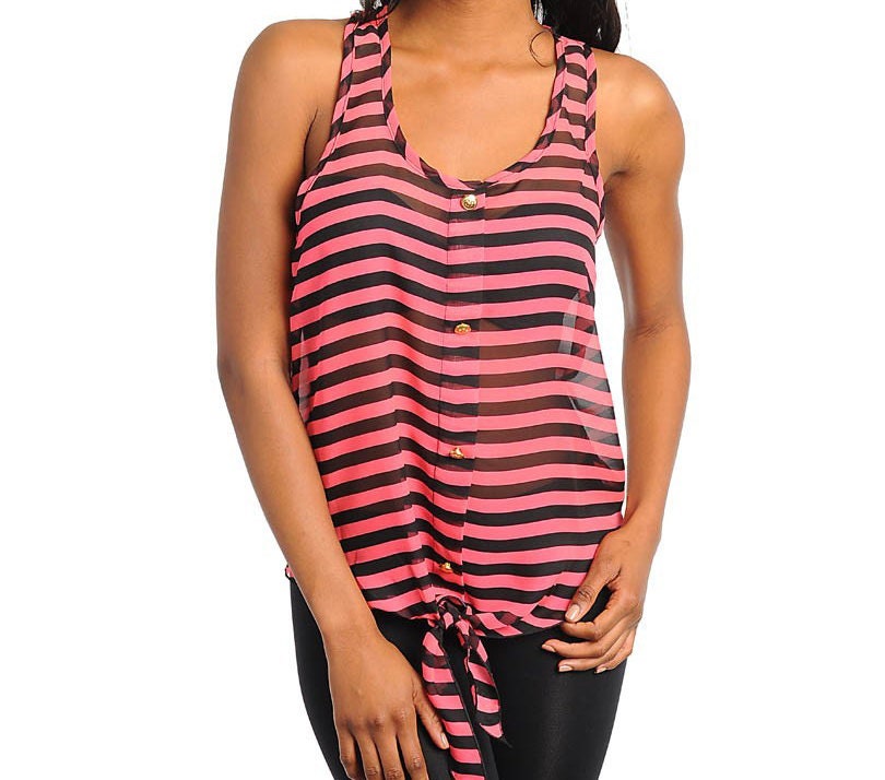 Womens Fuchsia Black Striped Sleeveless Shirt Top Clothing Apparel