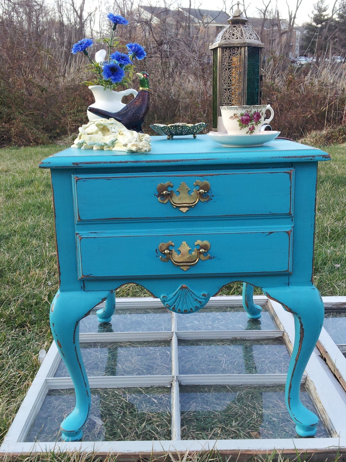 Antique Turquoise Shabby Chic End Table. Handpainted/furniture/cottage/upcycle/distressed/eco/country/farm/vintage/wood/primitive/chalk