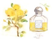 Vintage Guerlain perfume bottle and yellow roses watercolor painting, 8X10 print, parisian art, french fragrance