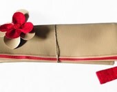 Foldover zip clutch - vinyl/cotton w/ rosette flower - red/camel/beige/ - fully lined - 12"x9"