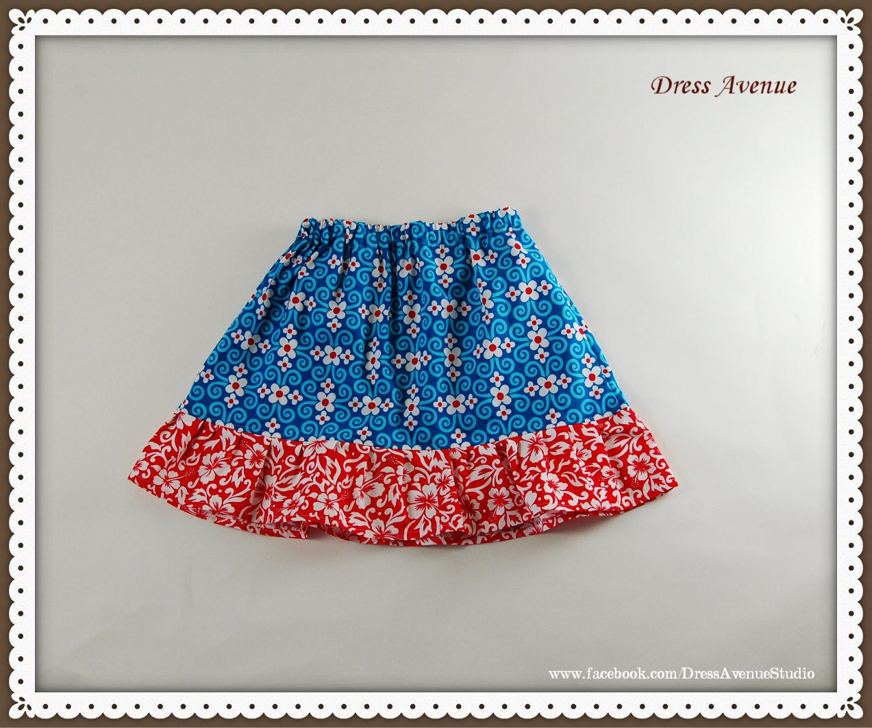 CUTE Girls Cotton Floral Twirl Skirt with Ruffle & Elastic Waist - Blue, Red, White. Great for spring, summer.