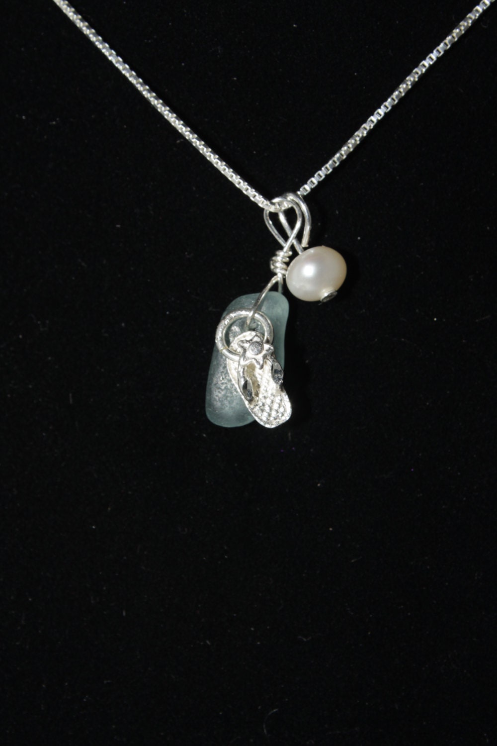 Soft Blue Sea Glass and Flip Flop Cluster Pendant
