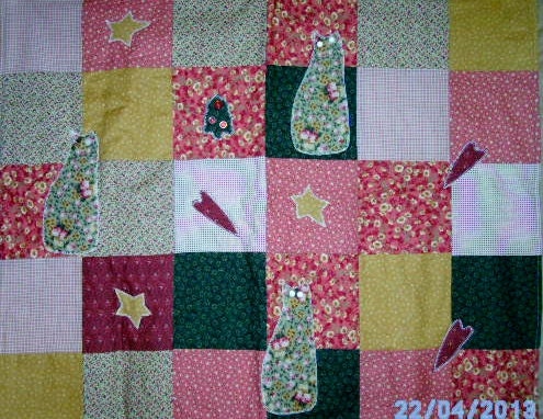 Primitive patchwork lapquilt with appliqued cats, hearts and stars. handmade, quilts