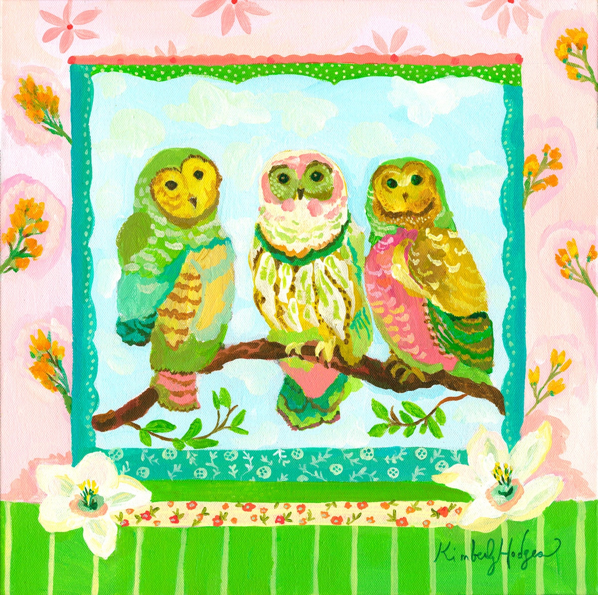 Three Spring Owls  8" x 8" Archival Print