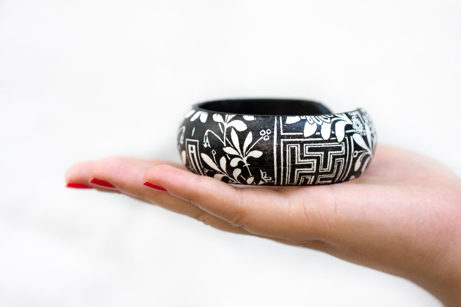 Black White Bangle, Floral Geometric Bracelet, BW flowers, autumn jewelry
