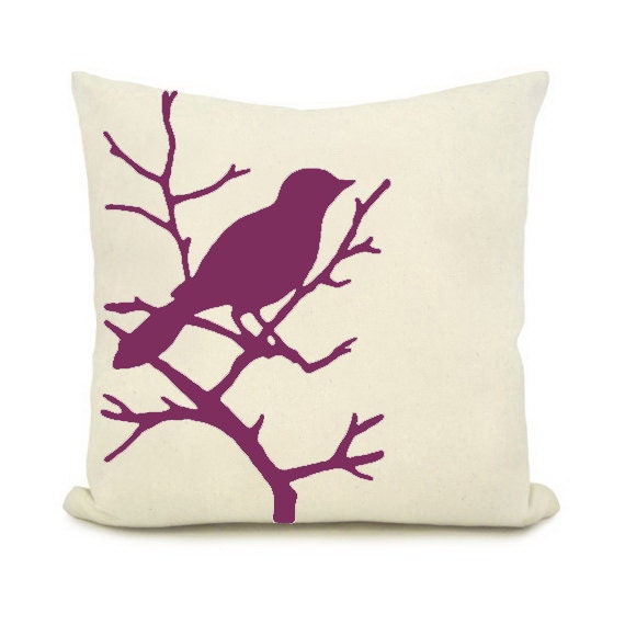 Purple bird design print  pillow, on a bright crème background  Cushion cover 18x18 Home Decor,  Decorative animal print pillow.