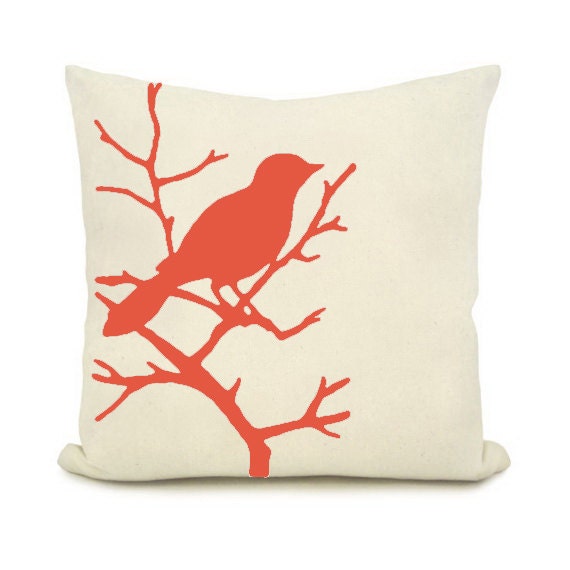 Orange bird design print  pillow, on a bright crème background  Cushion cover 18x18 Home Decor,  Decorative animal print pillow.