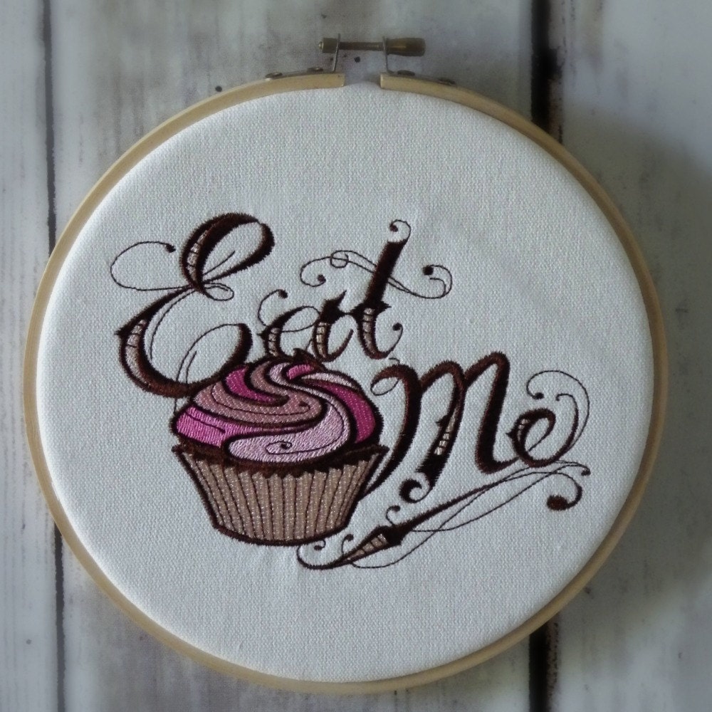 Hoop Art - "Eat Me" Cupcake - Alice In Wonderland  - Machine Embroidered Wall Hanging - Size 8" - Embroidery Hoop Art