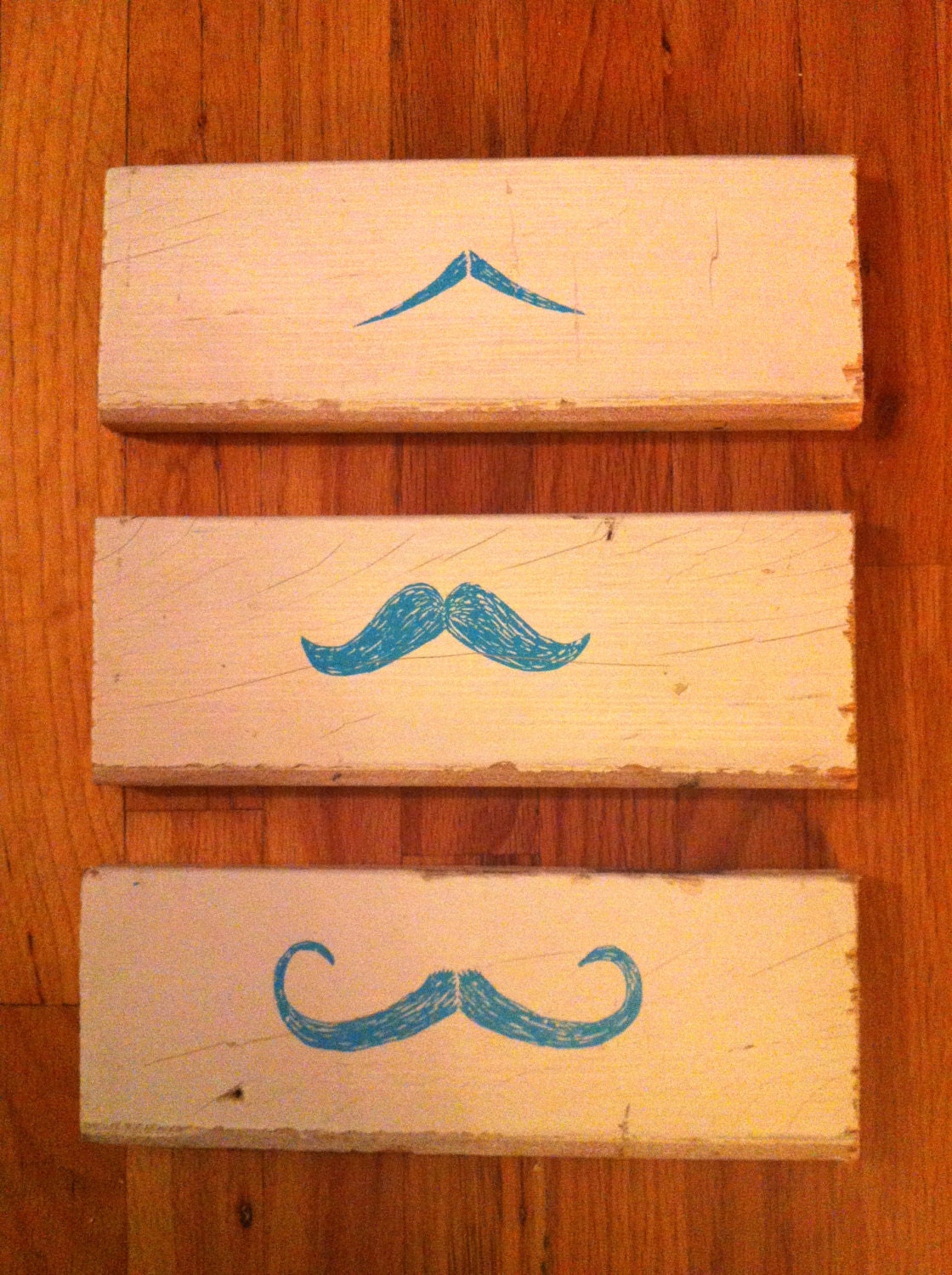 Mustache Trio -- Screenprint on repurposed wood panels