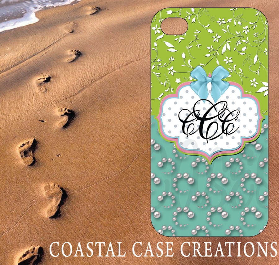 Apple iPhone 4 4G 4S 5G Hard Plastic or Rubber Cell Phone Case Cover Original Turquoise and Lime Green Floral Monogram Design