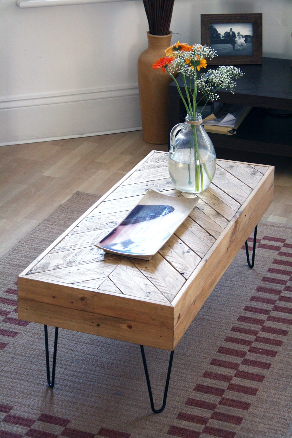 Reclaimed Upscaled Pallet Wood Herringbone Coffee / Side Table with Matt Black Eames Era 50s / 60s Hairpin Legs