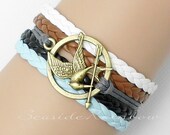 The Hunger Games Bracelet--Mockingjay Bracelet, Wax Cords and black Imitation Leather Bracelet, Friendship Gift-Best friend gift