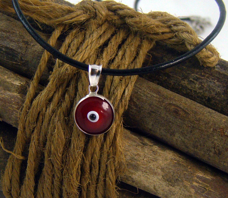 Deep Red Evil Eye Protection Greek Mati Hamsa Nazar Pendant Charm in Genuine Leather Cord