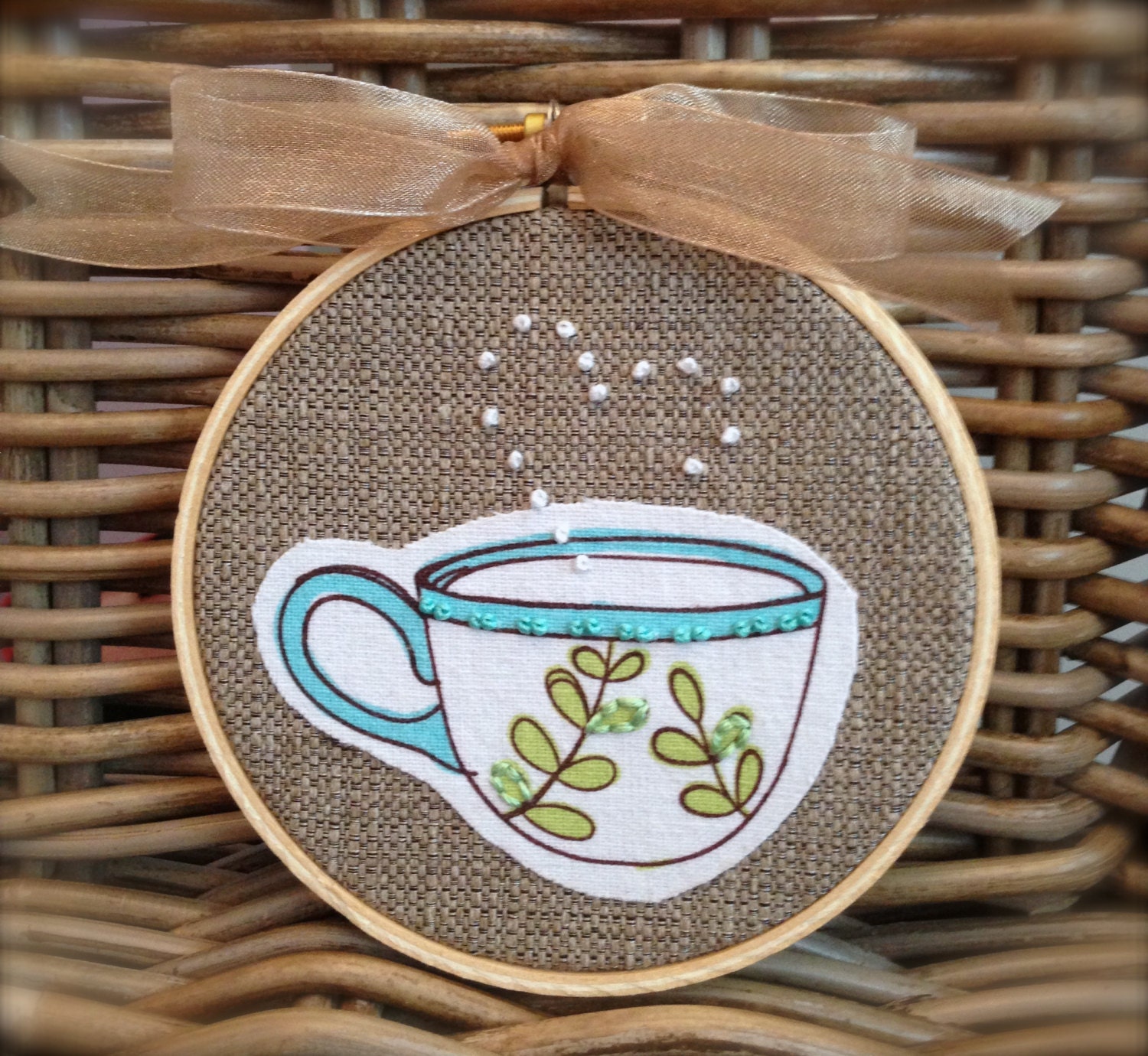 Hand Embroidery Hoop Wall Art, Tea Coffee Cup, 4" Wood Hoop, Up-cylced Tea Towel, Eco-Felt Covered Back, Organza Ribbon, Embroiderwee