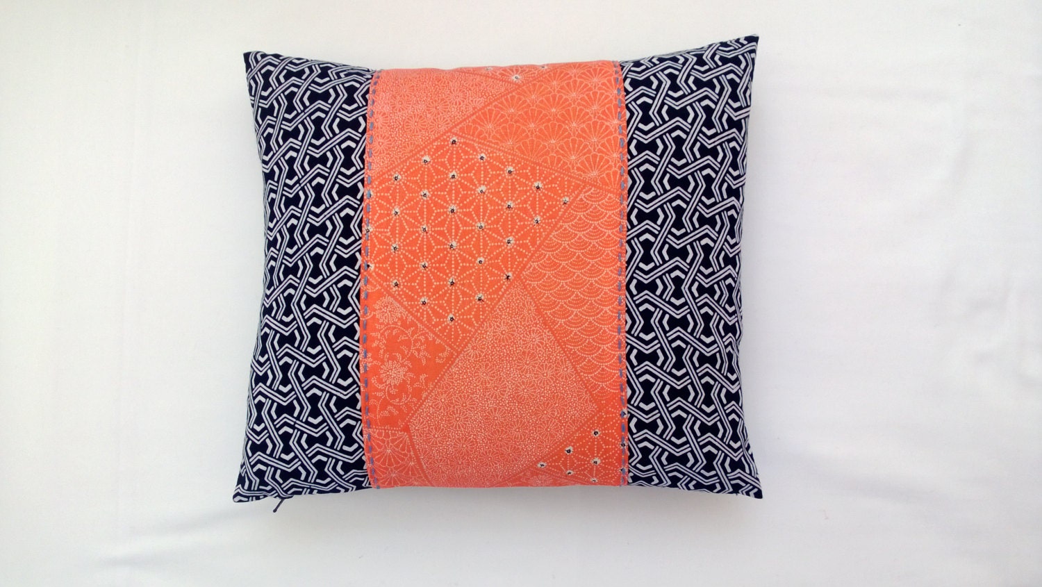 Throw Pillow Decorative Pillow Sofa Cushion Cover Japanese Vintage Kimono Fabric in Blue Orange with Hand Embroidered Detail Reversible