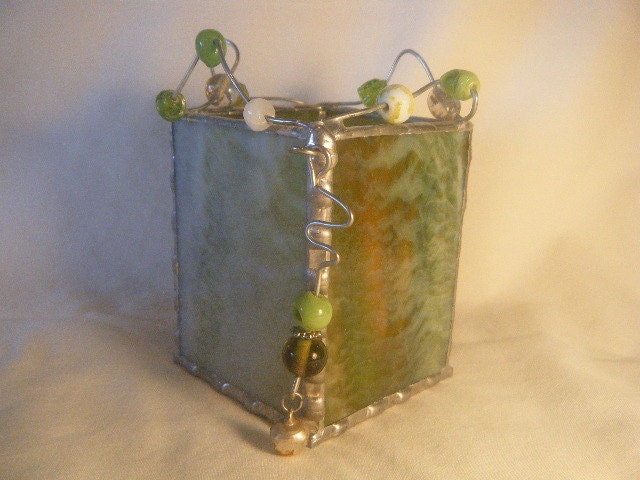 green and amber stained glass candle holder