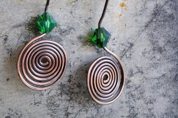 Copper wire coil earrings with emerald green glass handmade