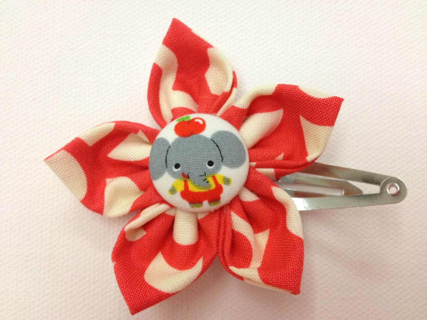 Baby Girl Snap Hair Clip -Red Fabric Flower, Cute Fabric Button, perfect for Spring: Ready to Ship