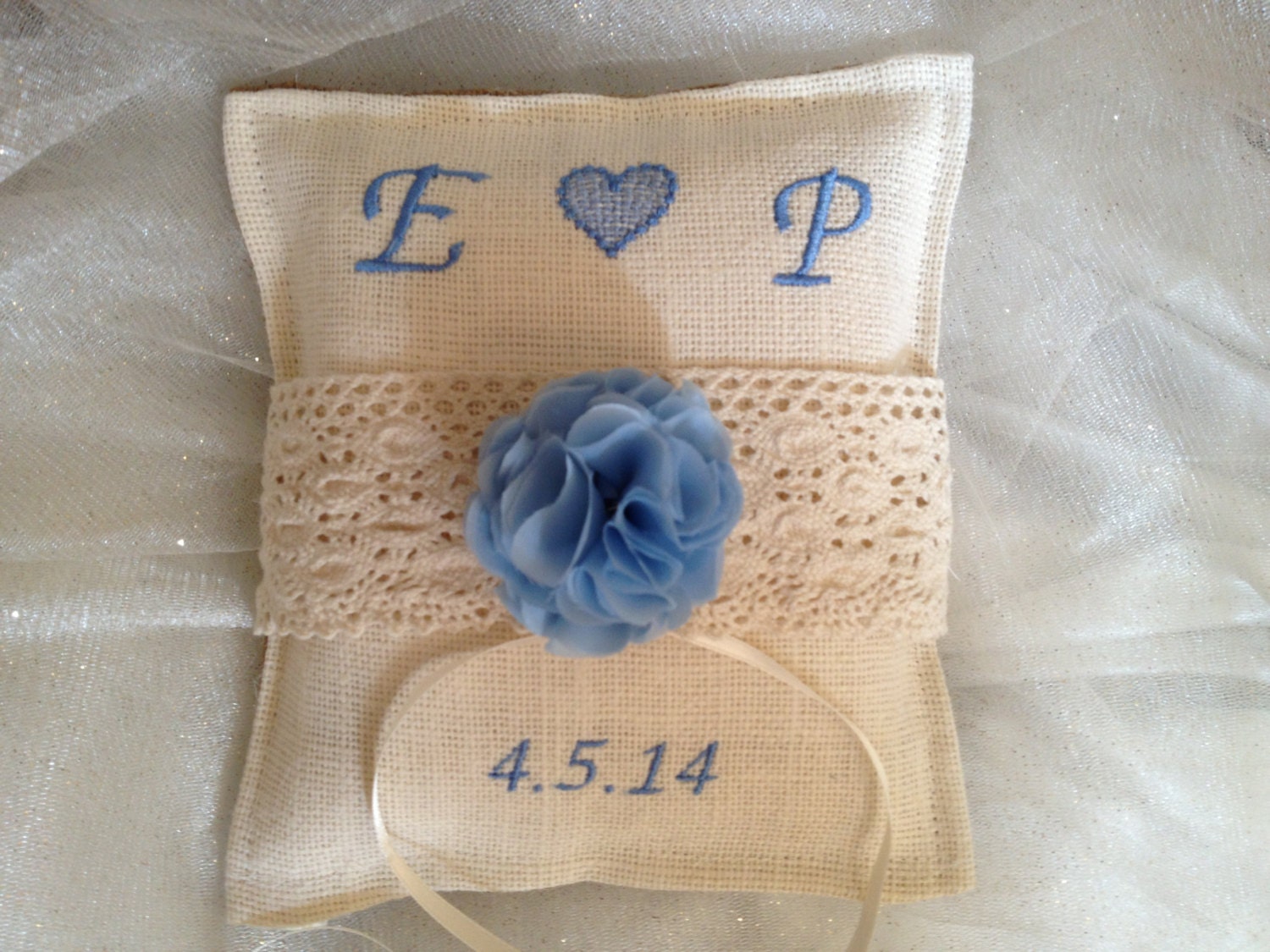 Rustic Heart, Ivory burlap, Wedding Ring Bearer 7" pillow personalized by embroidering initials and wedding date