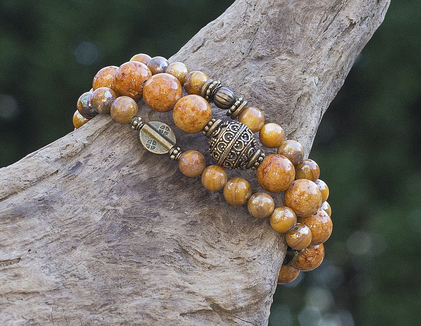 Bronze Bracelet Set: Jade, Shell Handmade, Beaded, Boho