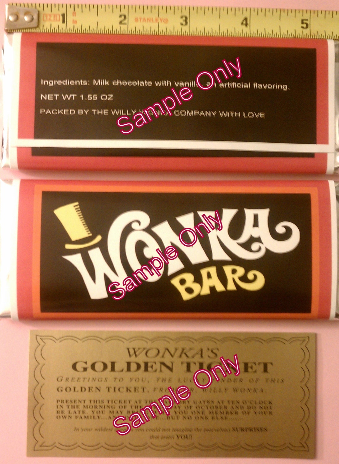 1.55  oz. Willy Wonka chocolate bar wrapper & golden ticket-Mini - no chocolate included