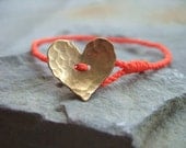 Brass Heart Button Orange Waxed Cord Knotted Bracelet, Friendship Bracelet, Simple Modern Style Waxed Cord Bracelet