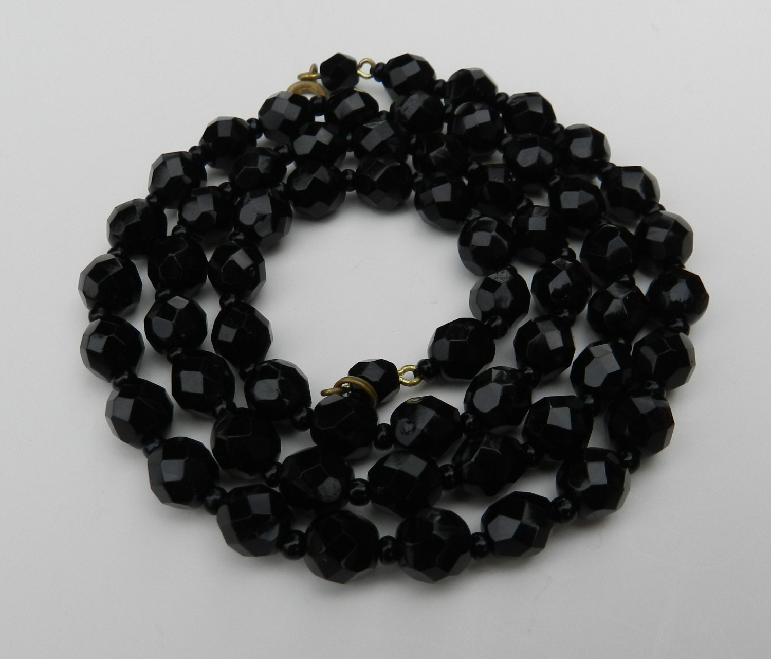 Vintage Jet Black Faceted Glass Bead Necklace