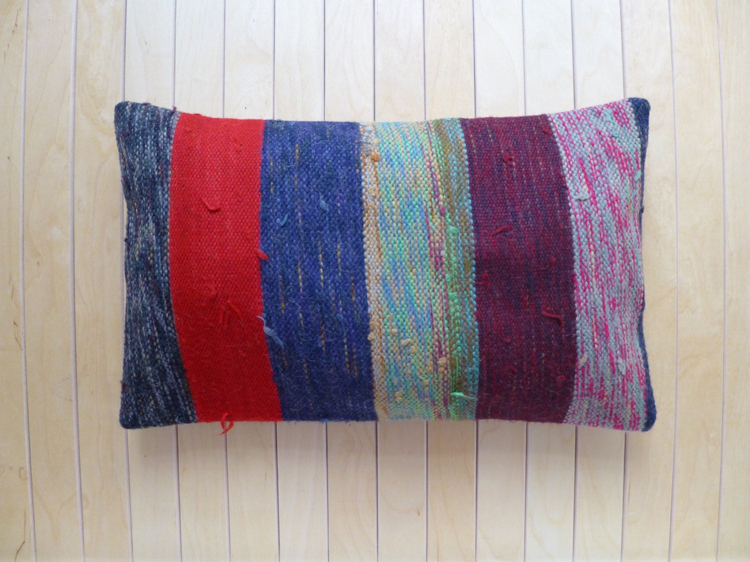 Decorative Throw pillow Hand woven Wool cushion cover Gorgeous Lumbar with stripes Blue Red Turquoise Pillow cover