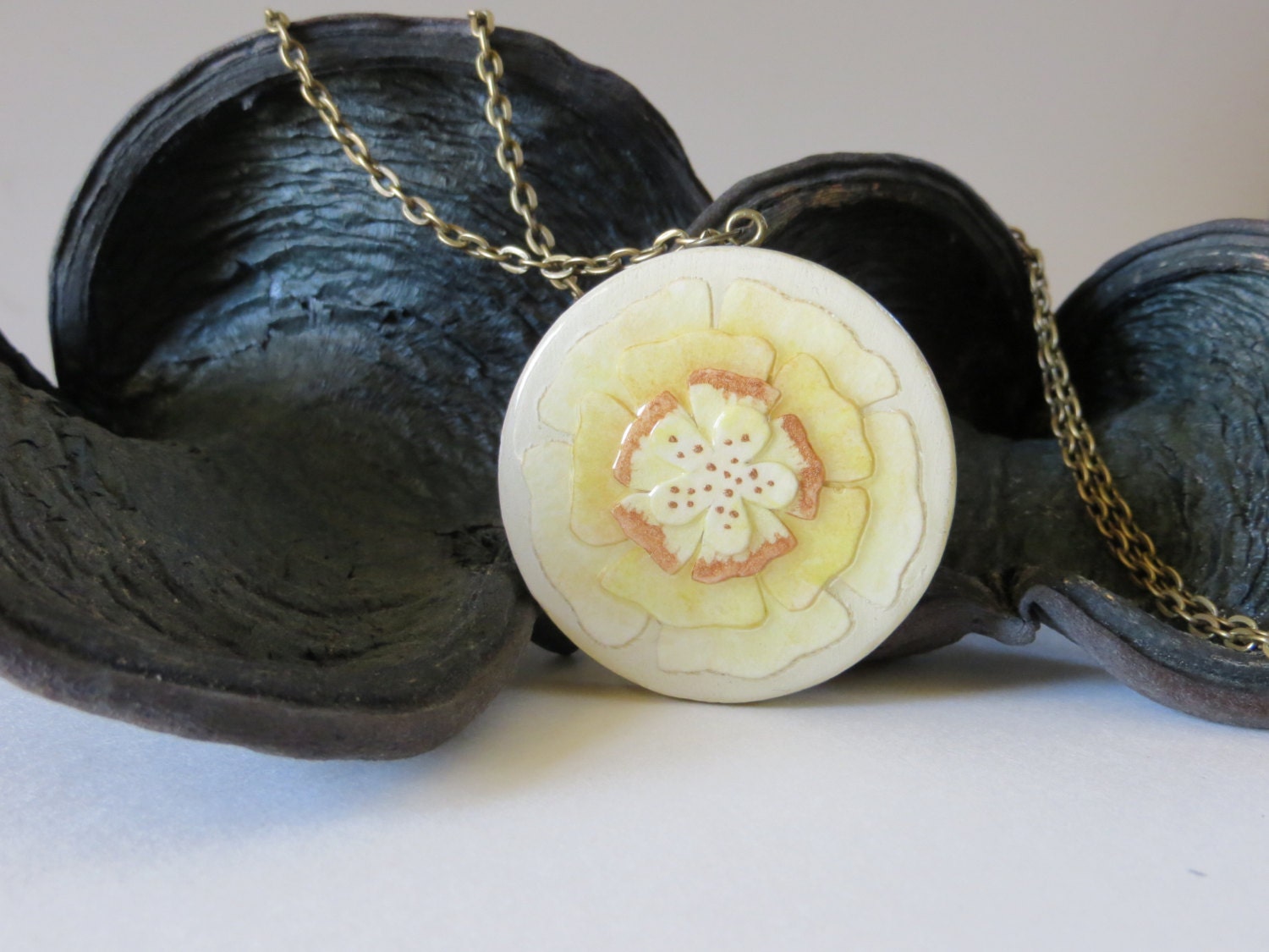Hand painted pendant, yellow blossom charm, organic flower, silver necklace, unique jewelry