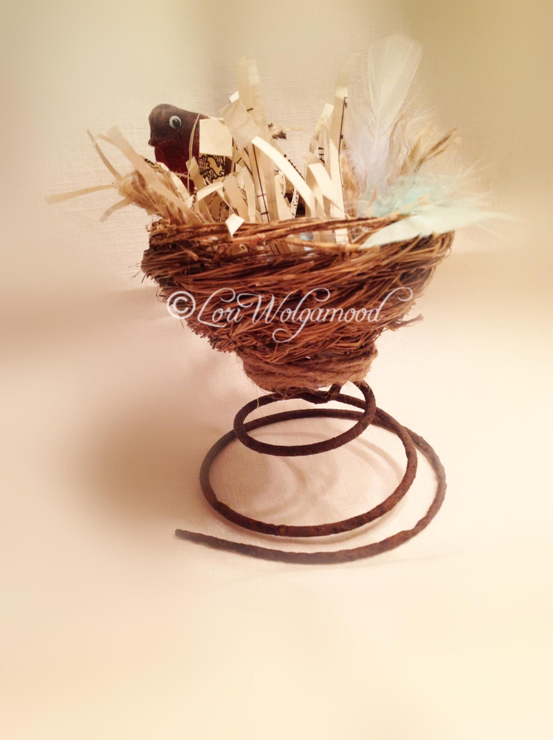 Handmade Altered Art Rusty Bed Spring with Bird Nest Blue Robin Eggs Feathers